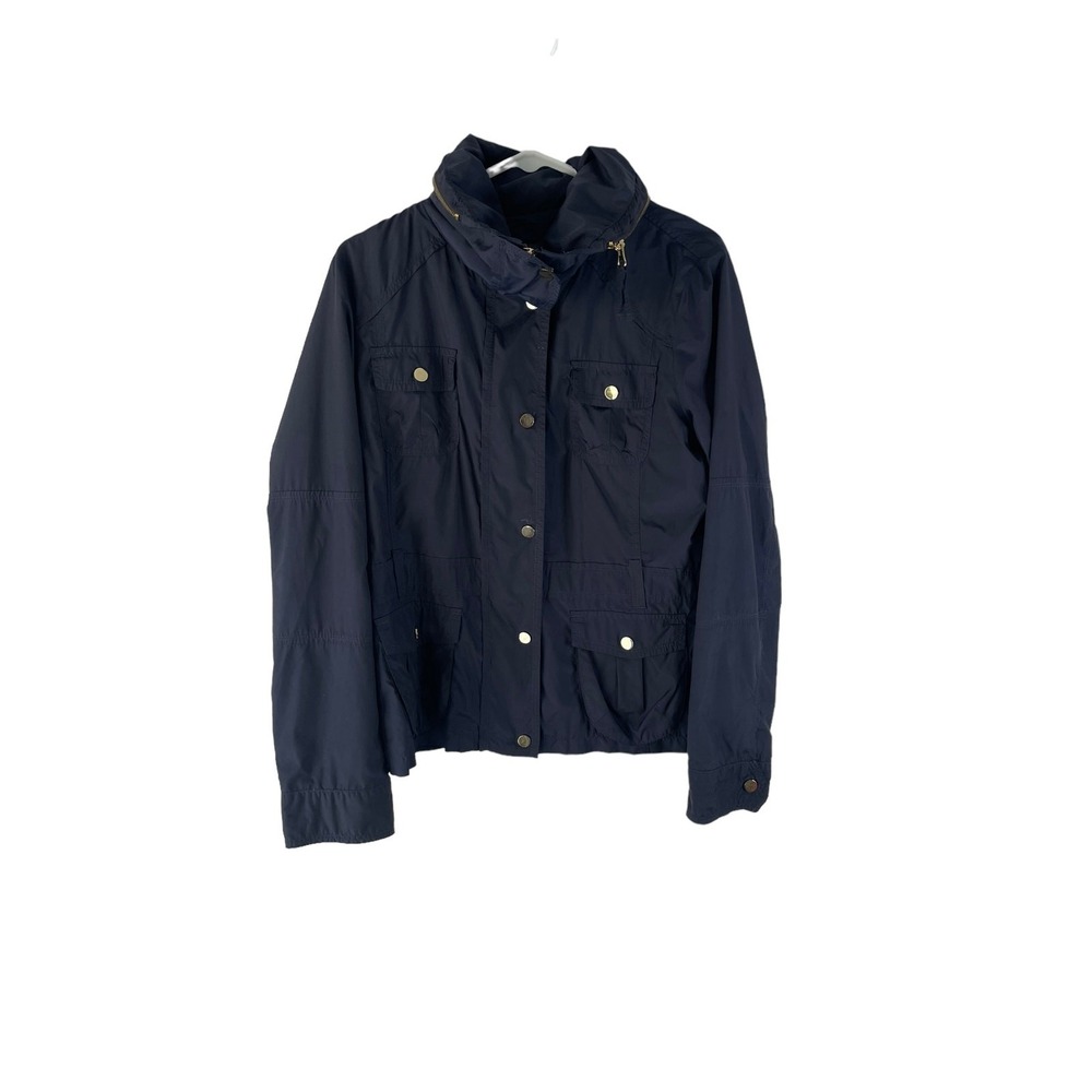 Zara Woman Navy Blue Field Jacket Hidden Hood Gold Hardware Size XL